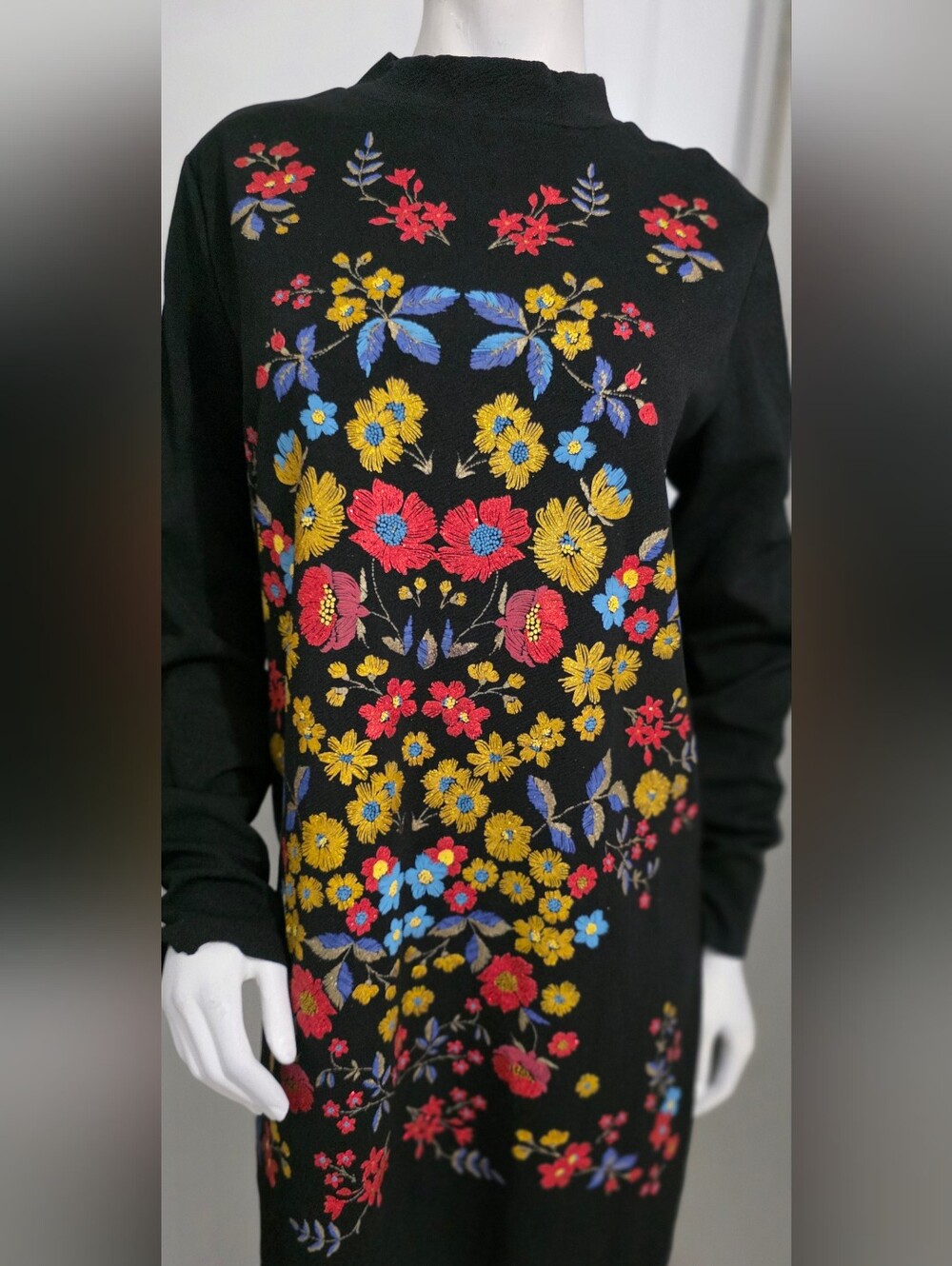 Zara Black Long-Sleeve Mini Dress with Multicolor Floral Embroidery Size L NWT - Picture 11 of 14